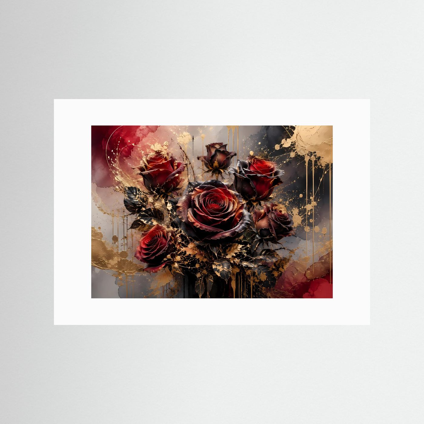 Rosen Poster | Dunkelrote Rosen Wandbild | Elegante Blumenkunst mit Gold | Florale Fine Art | Moderne Wohnzimmer Deko