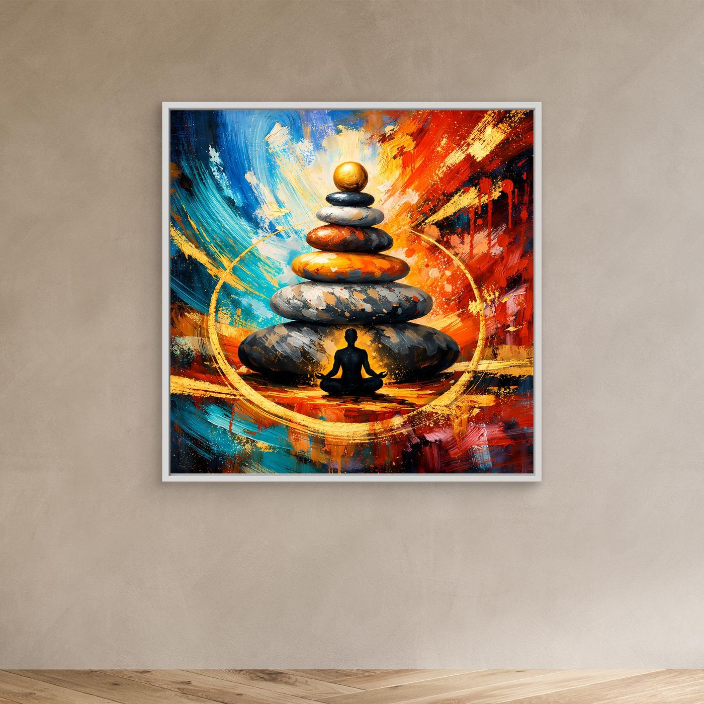 Leinwandbild mit Steinstapel und Meditationsfigur, abstrakt in Blau, Rot und Orange im weißen Rahmen