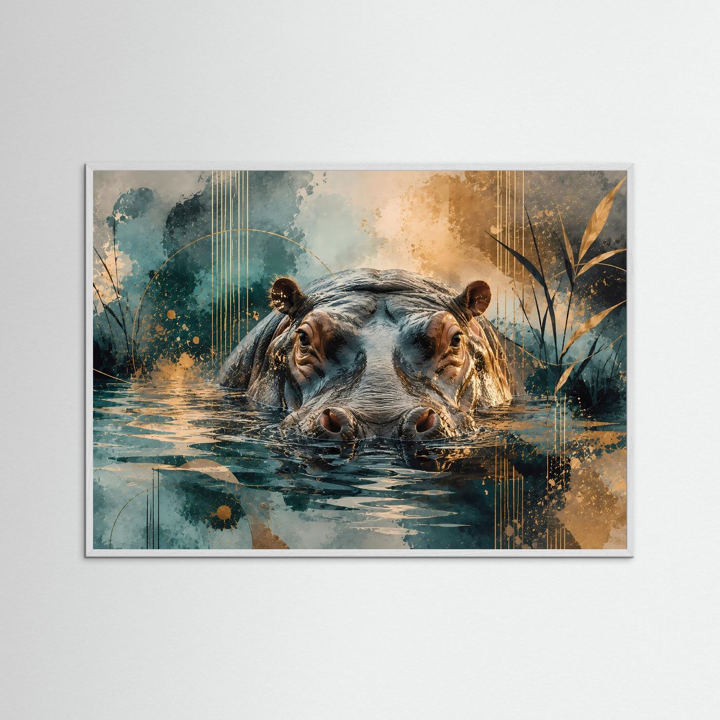 Majestätisches Nilpferd im Wasser | Abstrakte Tierkunst in Petrol, Gold, Beige & Schwarz | Modernes Hippo Wandbild im Querformat mit luxuriösen Goldakzenten