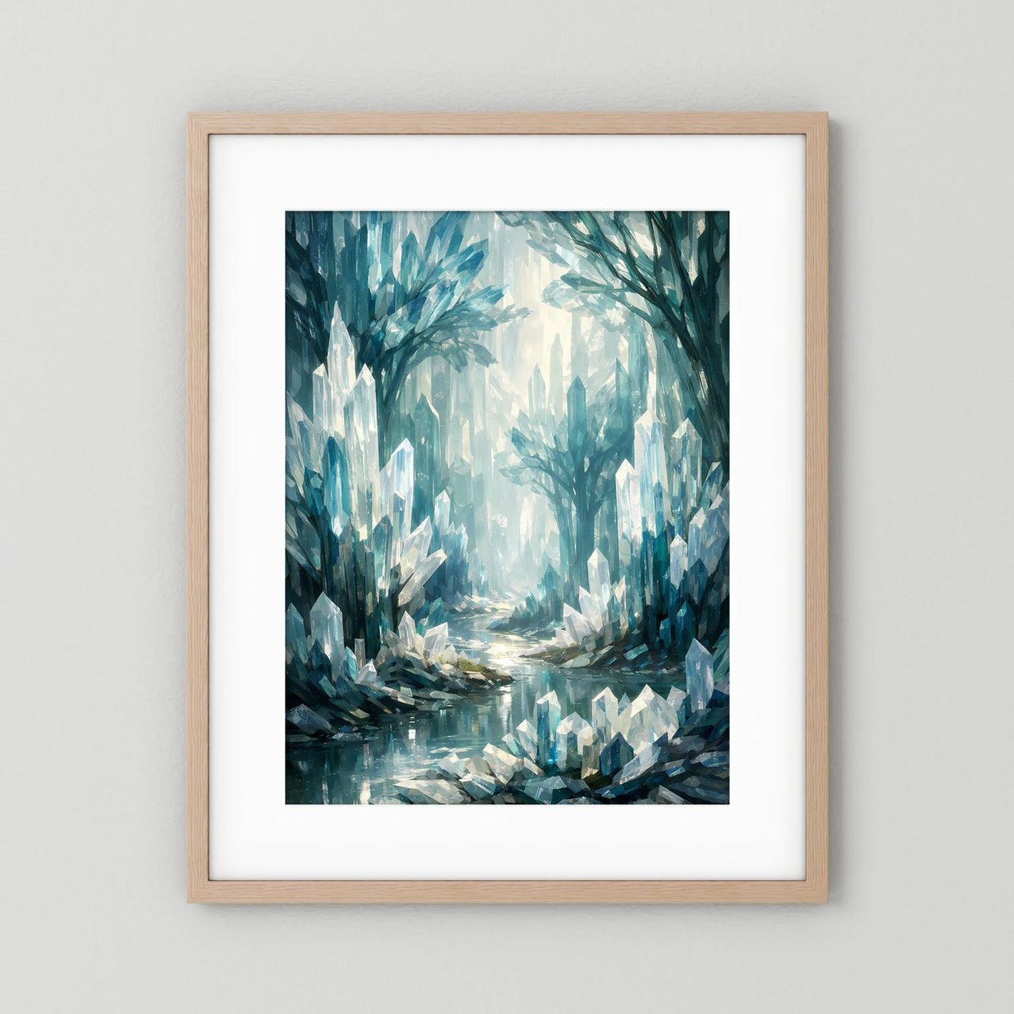 Poster mit hellem Holzrahmen und weißem Passepartout: blauer Kristallwald mit Wasser