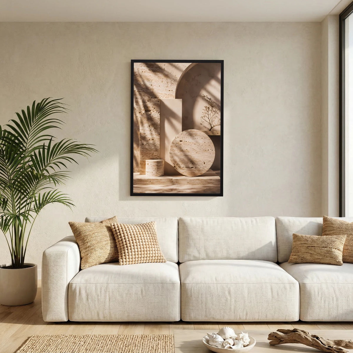 Hochformat-Poster mit abstrakten Travertin-Formen, Beige-Creme, schwarzer Rahmen und runde Elemente