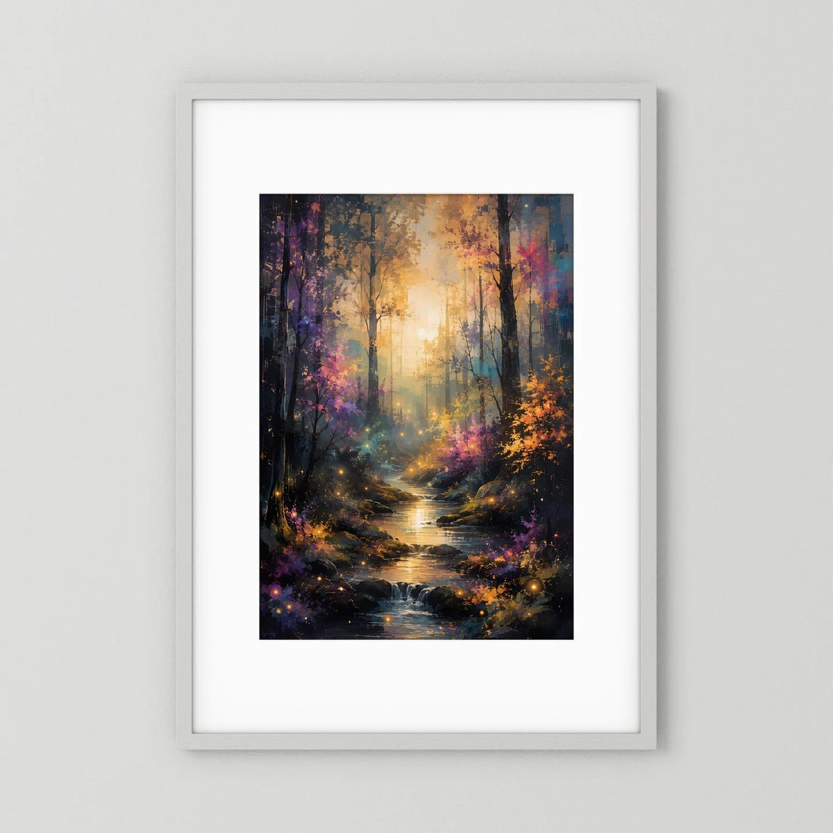 Hochformat-Wandposter mit mystischem Wald und leuchtendem Bach im farbigen Licht