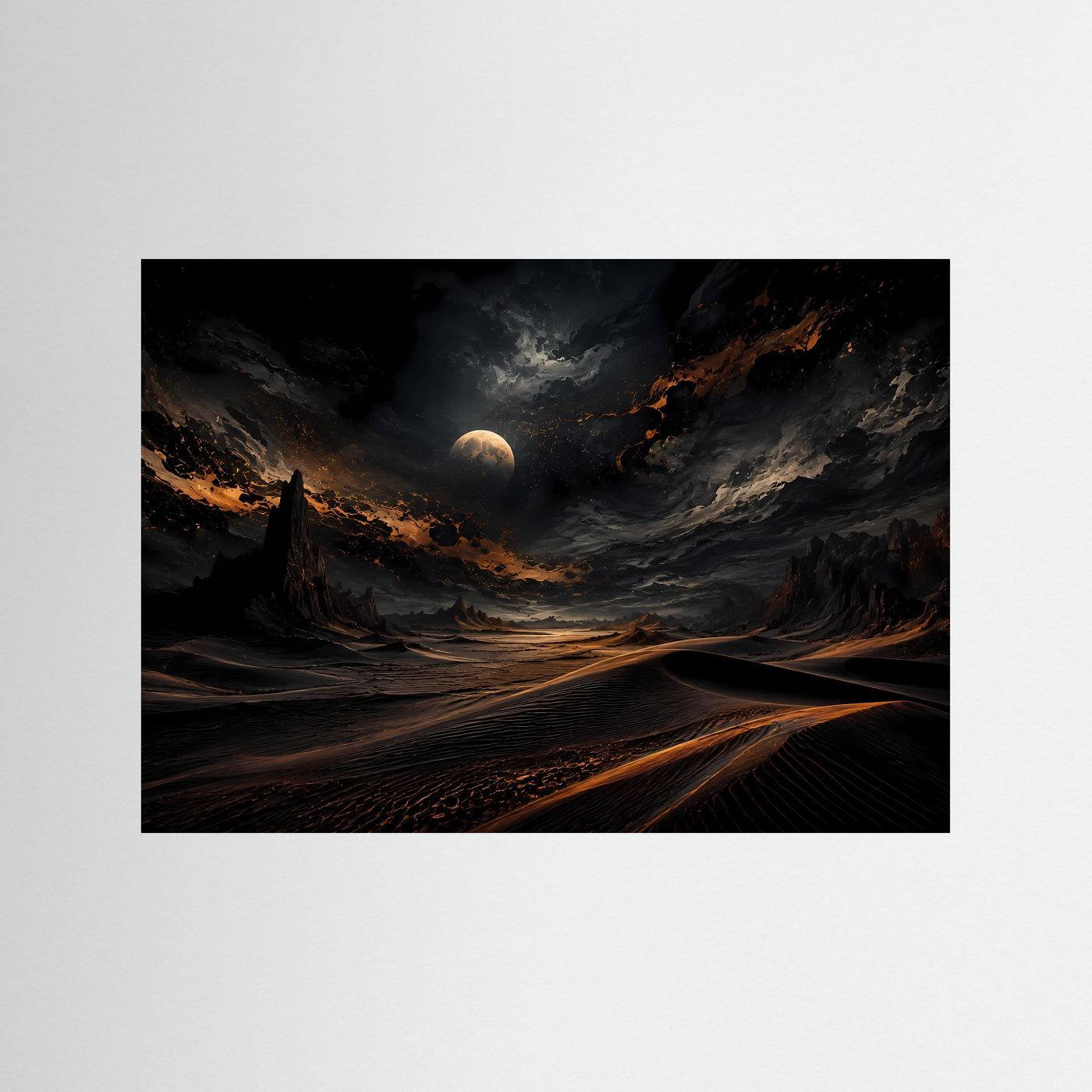 Mystische Wüste bei Nacht | Mondlandschaft Wandbild | Dunkle Dünen mit Gold Licht | Abstrakte Wüstenkunst | Premium Leinwand Poster
