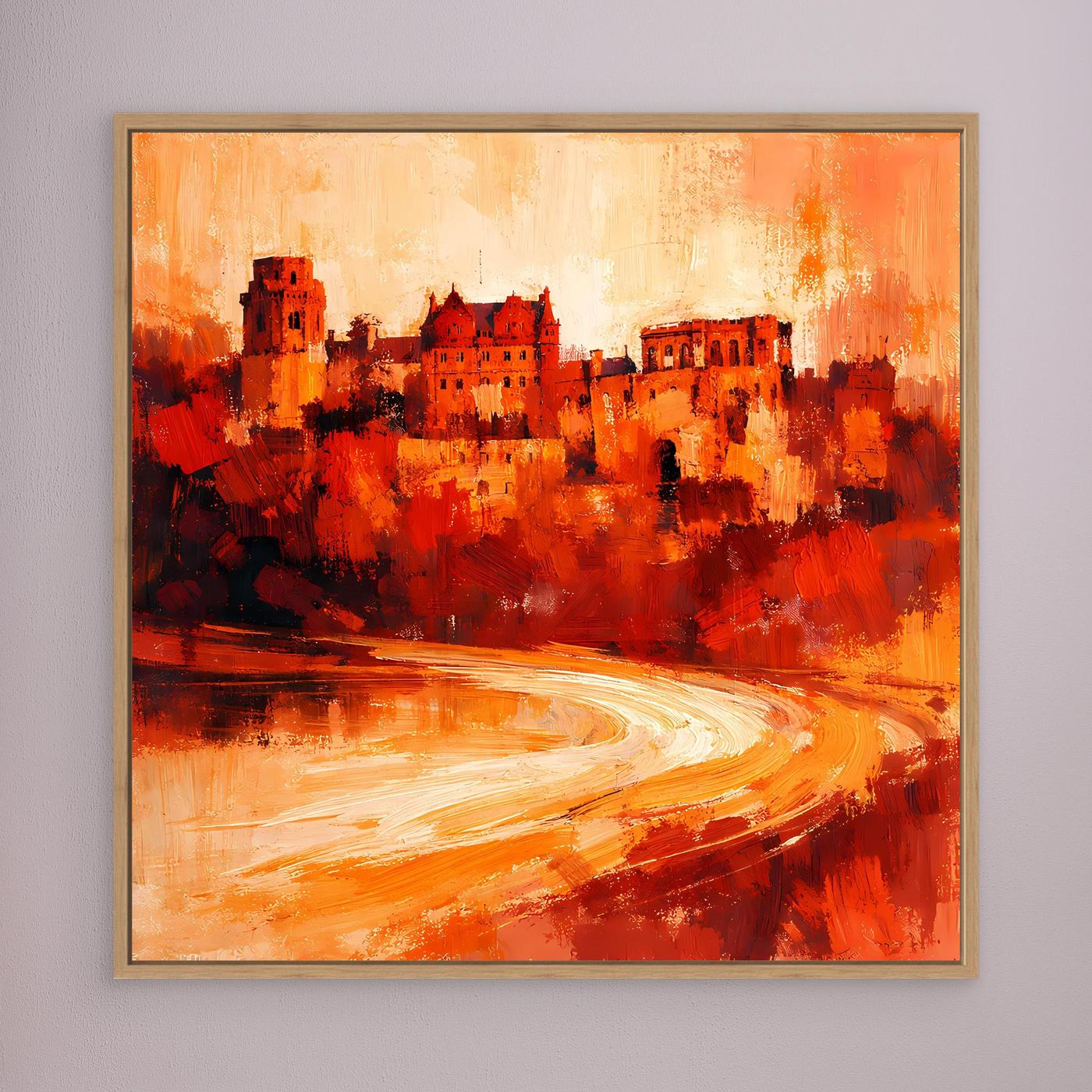 Leinwand Heidelberger Schloss im Abendlicht | Abstraktes Rot‑Ocker Wandbild mit Struktur und Tiefe
