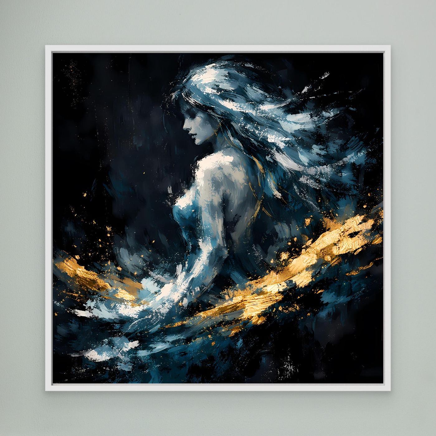 Leinwand Mystische Frauen-Figur in Blau und Gold | Modernes Abstraktes Fantasie Wandbild