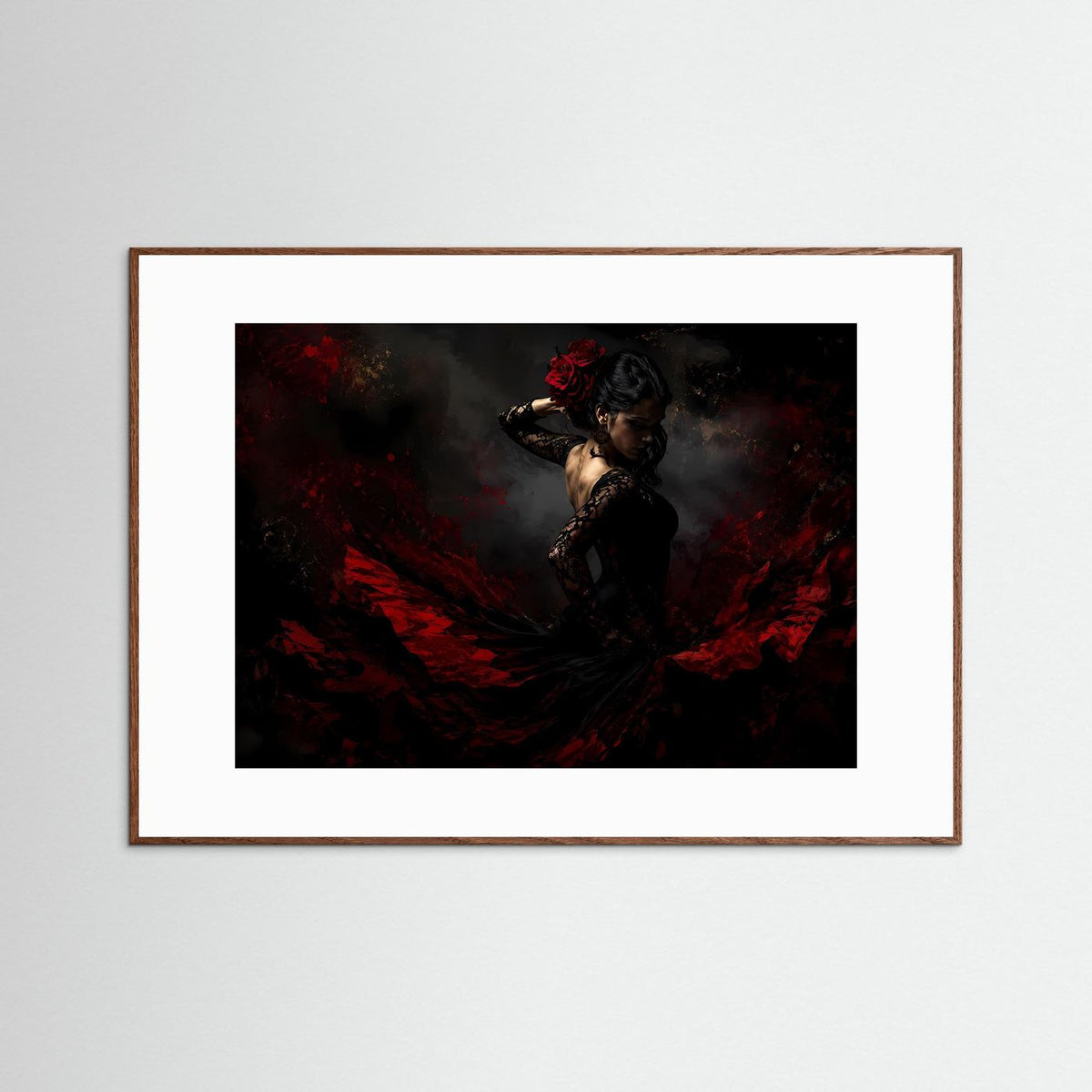 Flamenco-Wandbild mit Tänzerin in Rot-Schwarz, brauner Rahmen, Querformat