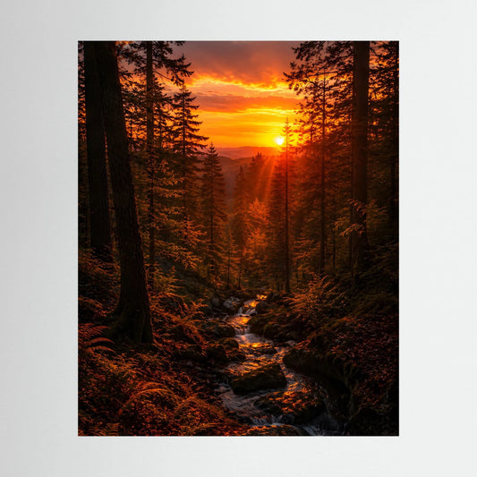 Hochformatiges Poster mit Waldweg und Bach im goldenen Abendlicht