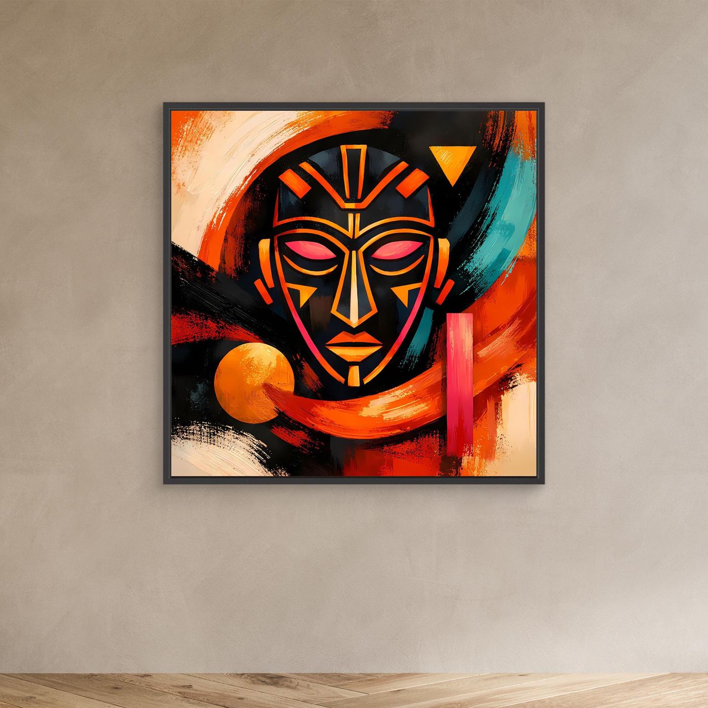 Leinwandbild mit abstrakter Maske, dunkler Rahmen, Orange- und Türkisstriche