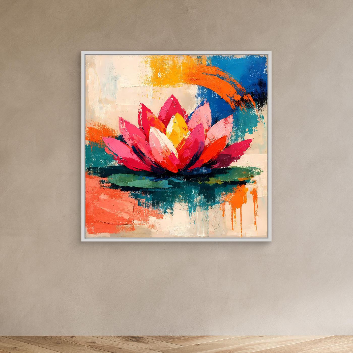 Framed abstract lotus wall art with pink petals and yellow center over orange and blue paint.