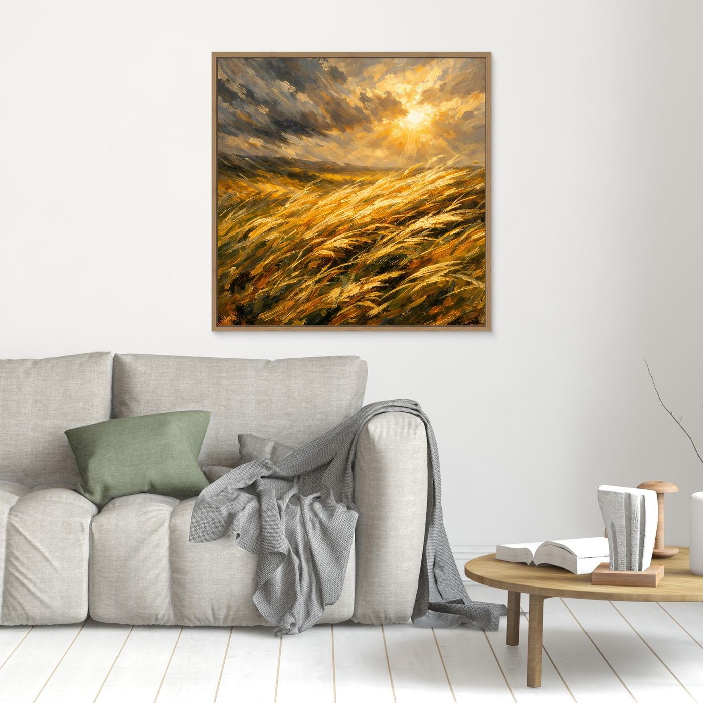 Leinwandbild mit goldenem Getreidefeld im Wind und leuchtender Sonne, quadratisch, Holzrahmen