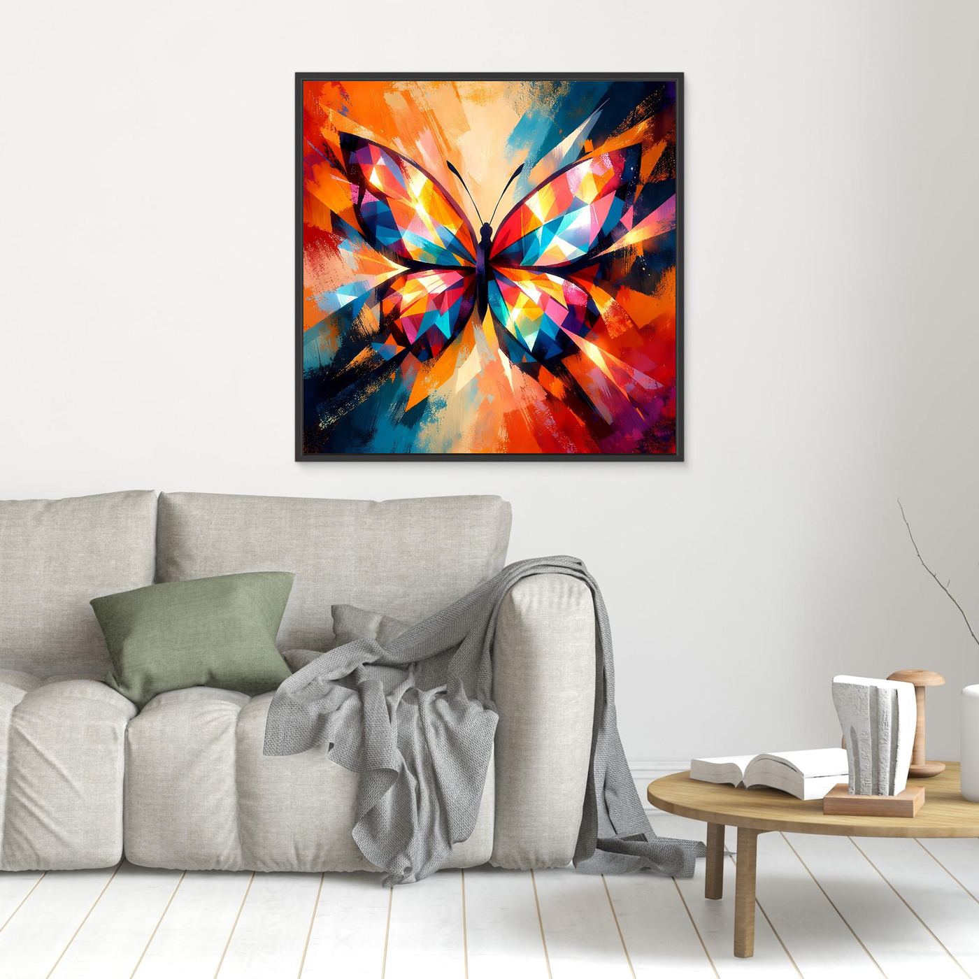 Wandbild mit buntem geometrischem Schmetterling, schwarzer Rahmen