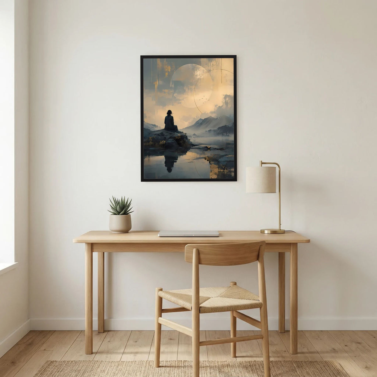 Gerahmtes Poster im Hochformat mit Meditationsfigur auf Fels im See, Berge, gold-graue Farbstimmung.