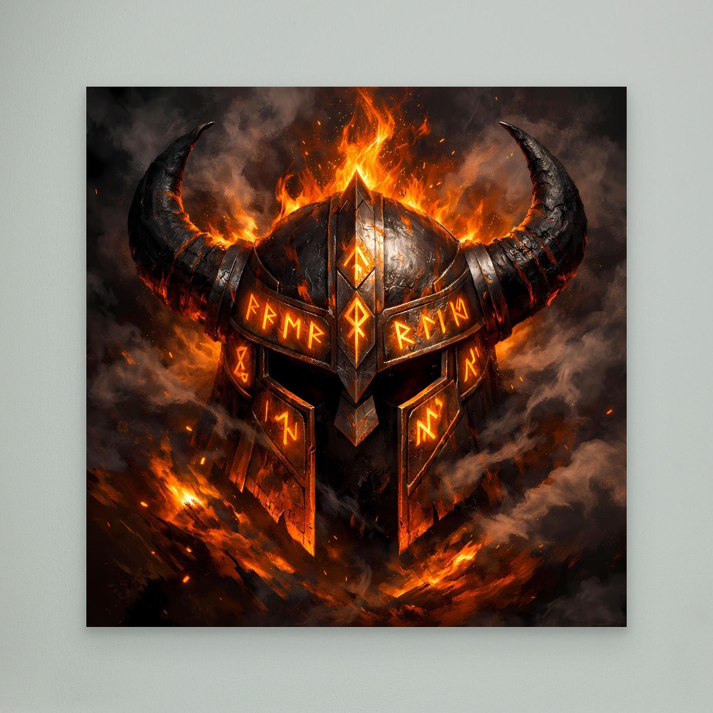 Leinwand-Wandbild mit flammendem Wikingerhelm und Runen, ohne Rahmen