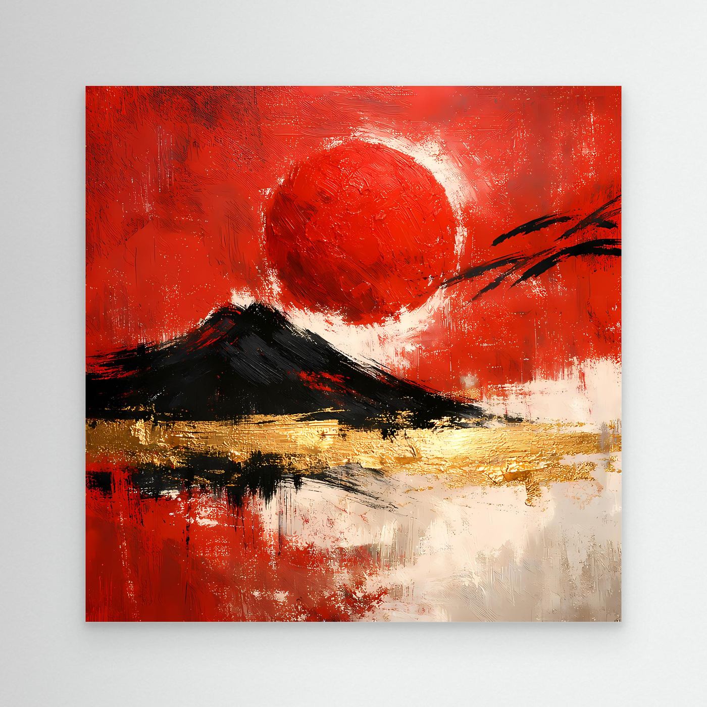 Leinwand Abstraktes Japan Wandbild in Rot und Gold | Modernes Fuji & Rote Sonne Gemälde