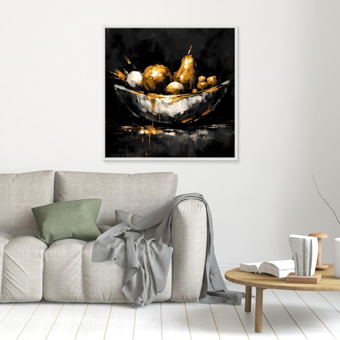 Leinwand Elegante Obstschale in Gold und Silber | Modernes Luxus Stillleben Wandbild