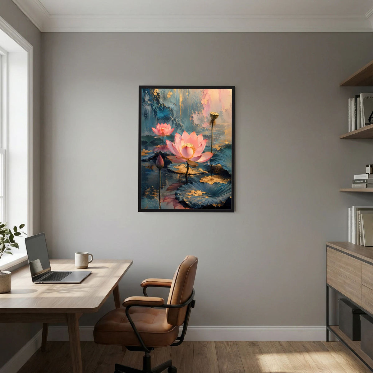 Hochformat-Poster mit rosa Lotusblüten und petrolfarbenen Wasserflächen, goldene Effekte, schwarz gerahmt