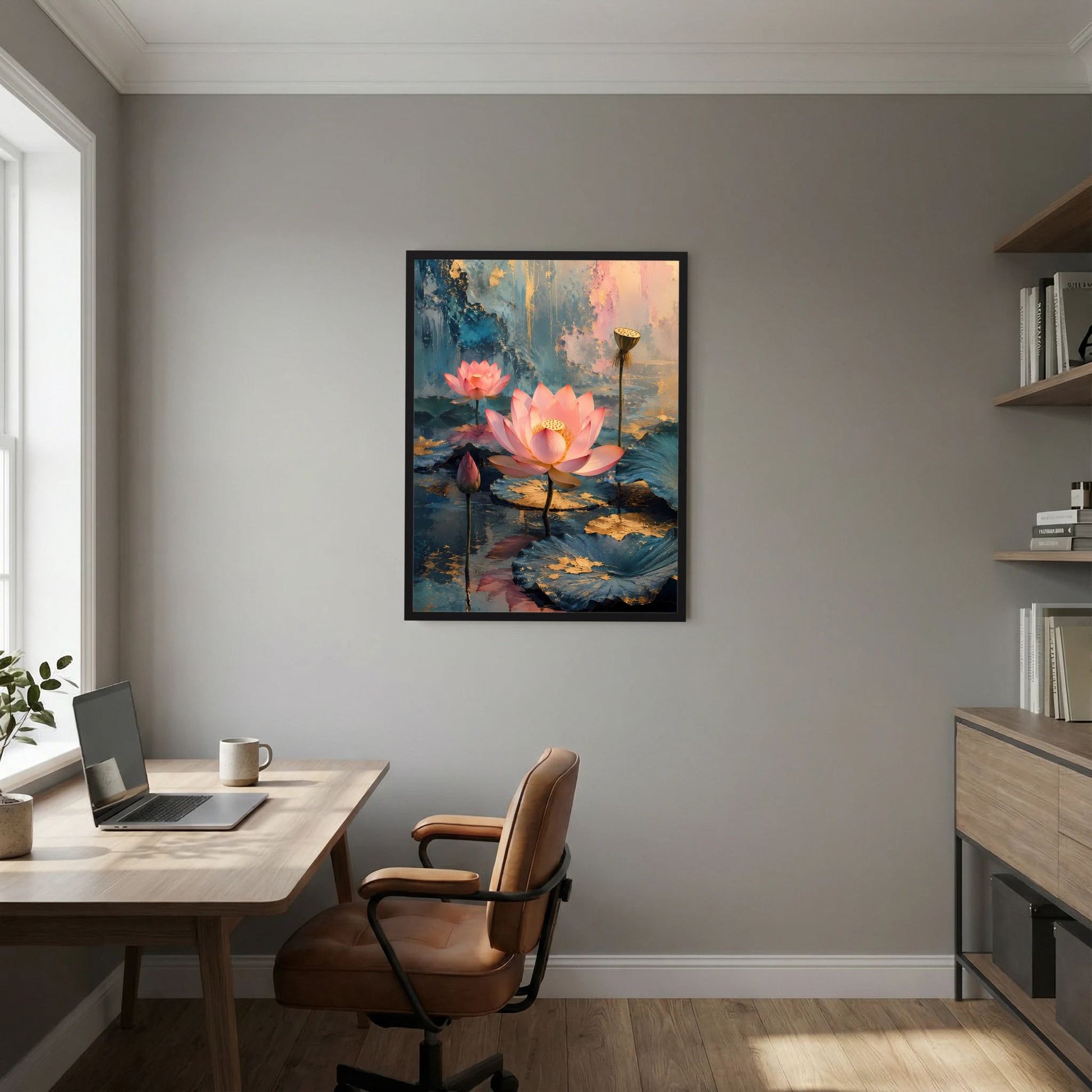 Hochformat-Poster mit rosa Lotusblüten und petrolfarbenen Wasserflächen, goldene Effekte, schwarz gerahmt