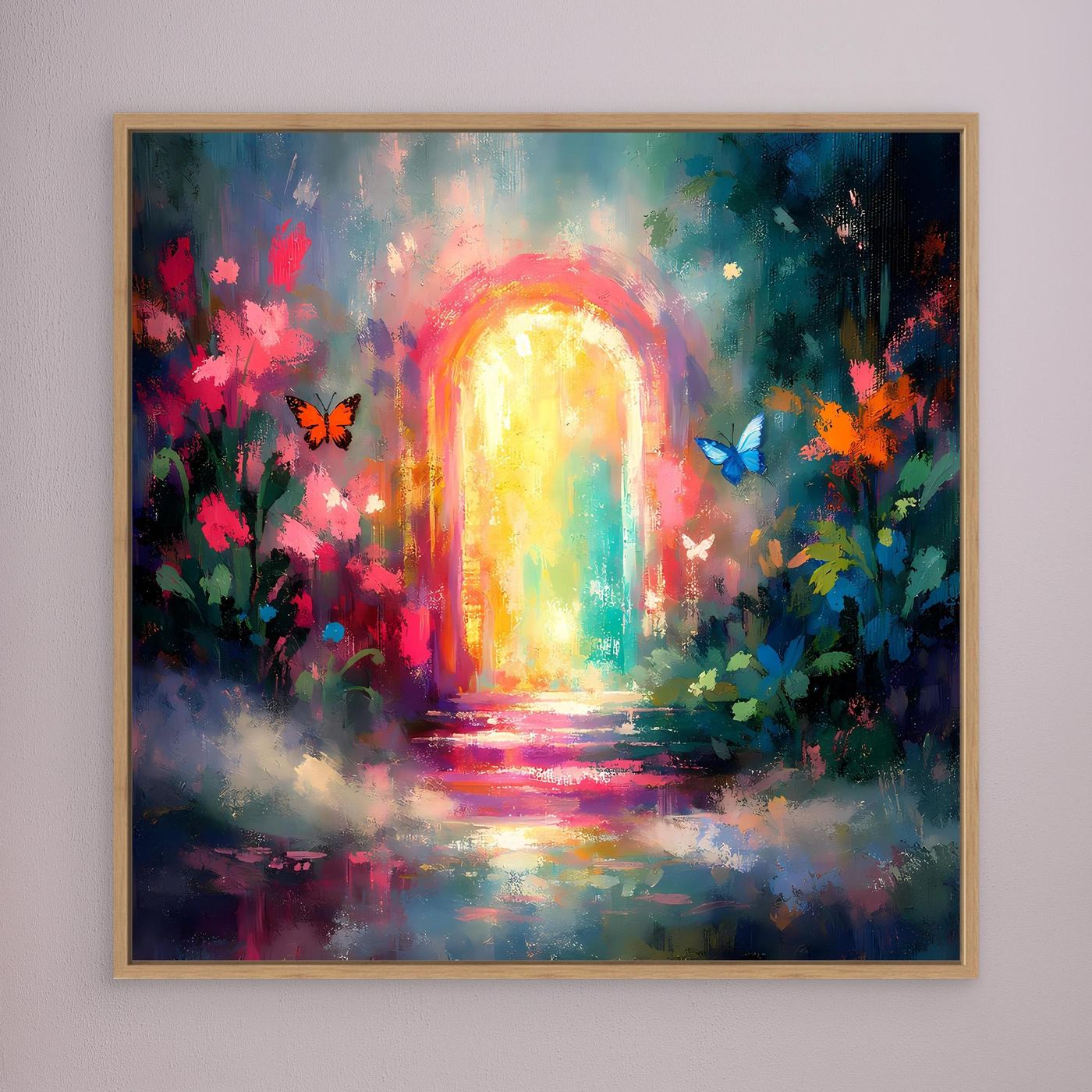 Leinwand-Wandbild mit leuchtendem Lichtbogen, Regenbogenfarben, Blumen und Schmetterlingen, Eiche