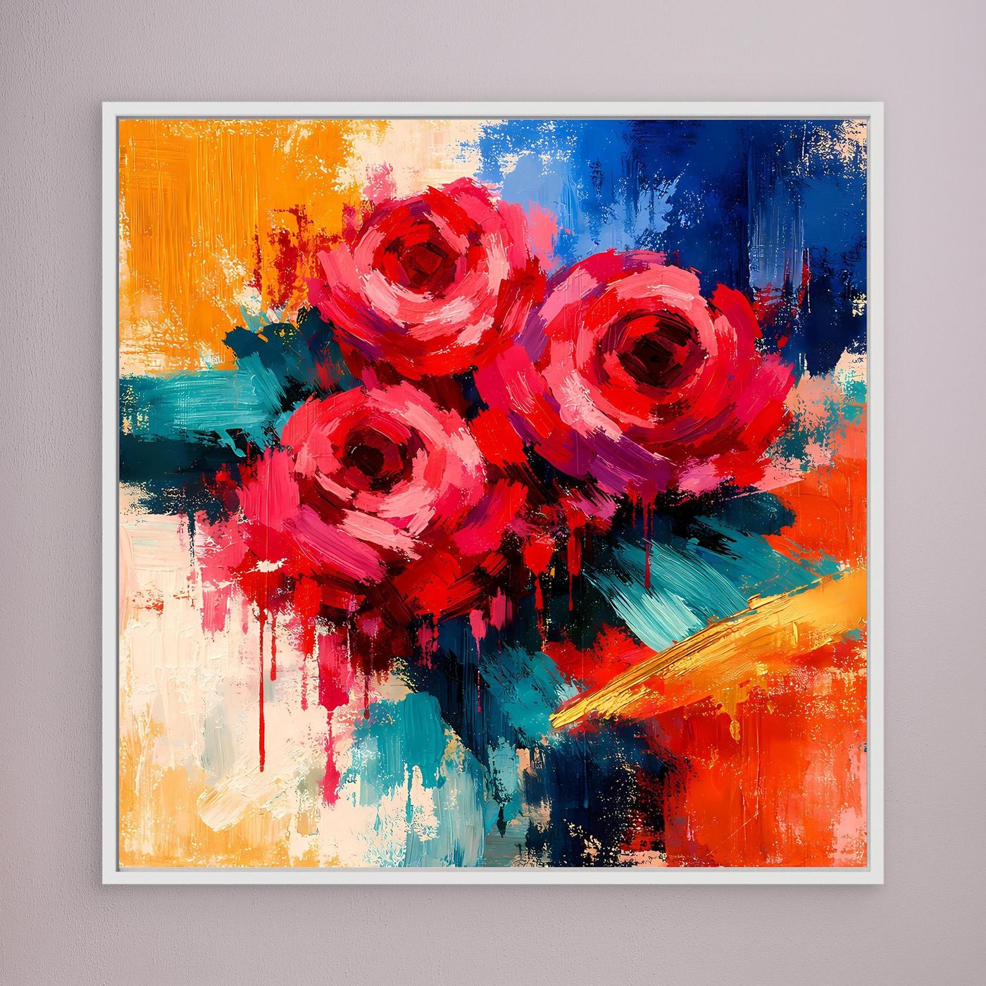 Detailreiches Leinwand-Wandbild mit abstrakten roten Rosen, weißer Rahmen
