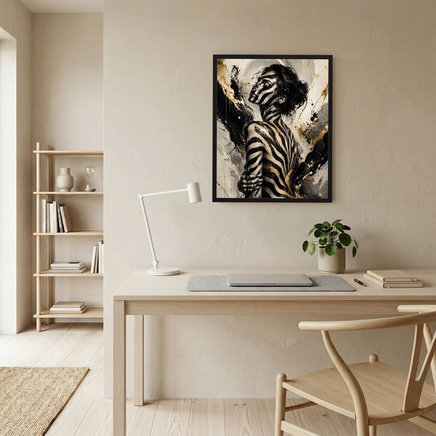Gerahmtes Poster an der Wand: Frau im Zebra-Bodypainting mit schwarzen und goldenen Spritzern