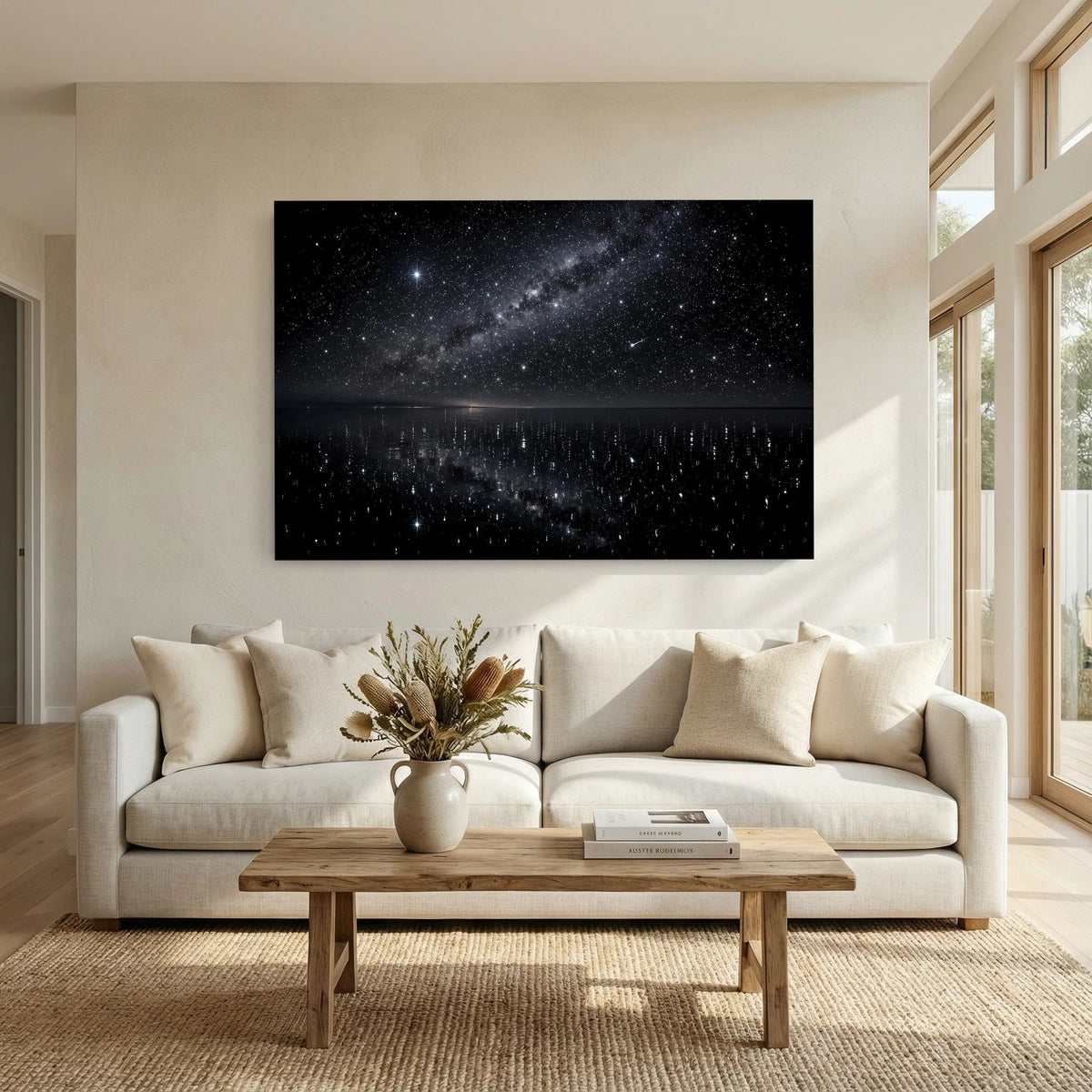 Sternenhimmel-Poster im Querformat mit Spiegelung im See, dunkler Nachthimmel und Sterne.