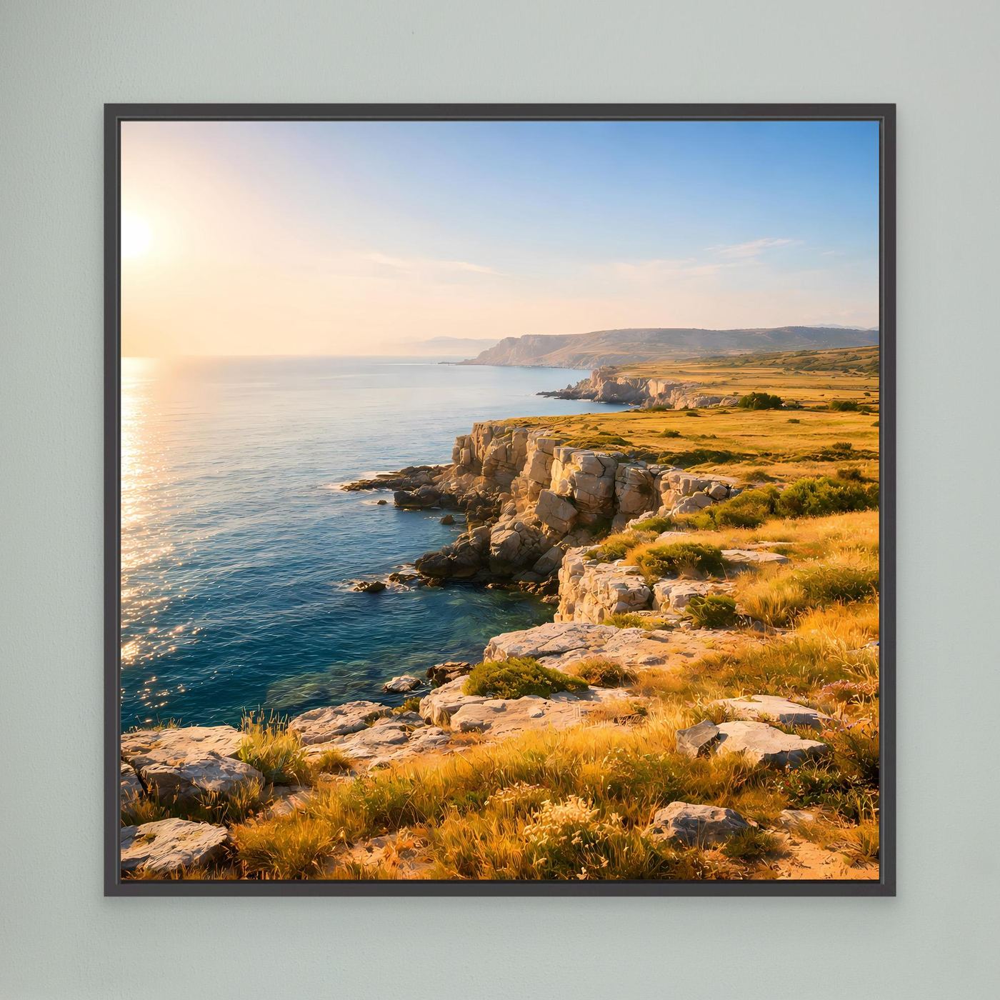 Leinwandbild Steilküste: Meer, Felsen und gelbes Gras bei Sonnenlicht, schwarz gerahmt