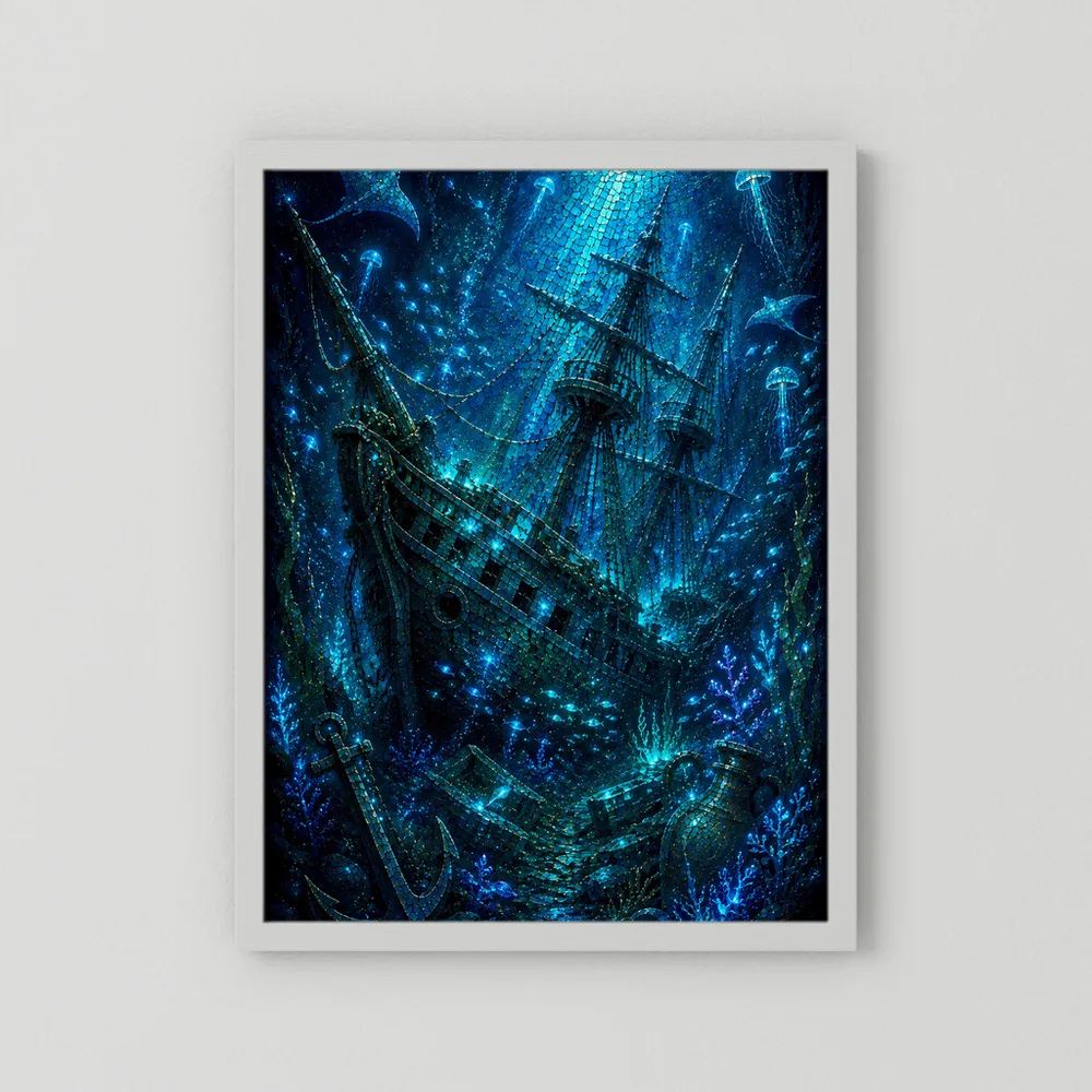 Kunstposter mit Geisterschiff-Motiv, leuchtend blau, im weißen Rahmen