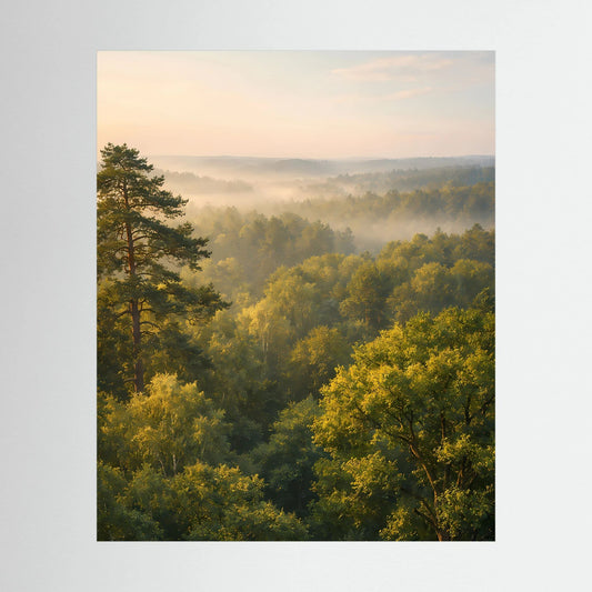 Hochformatposter mit Waldlandschaft und goldenen Morgennebeln, hochformatig