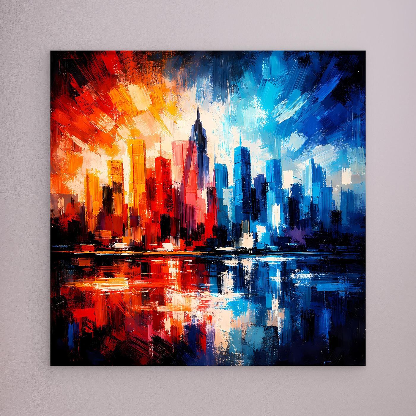Leinwandbild mit abstrakter Skyline, rotes und blaues Stadtbild ohne Rahmen