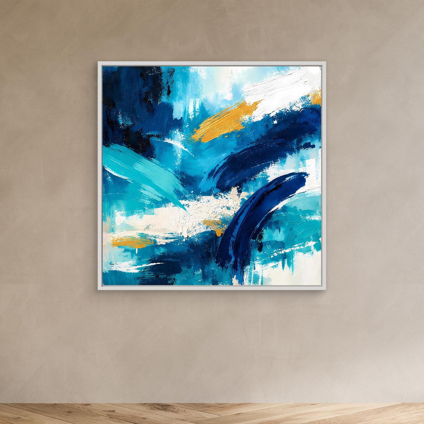Abstract blue and teal canvas wall art with gold diagonal highlight in a white frame