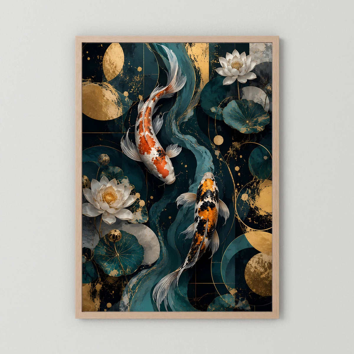Holzrahmen-Poster im Hochformat: Koi-Fische mit Lotusblüten und goldenen Akzenten