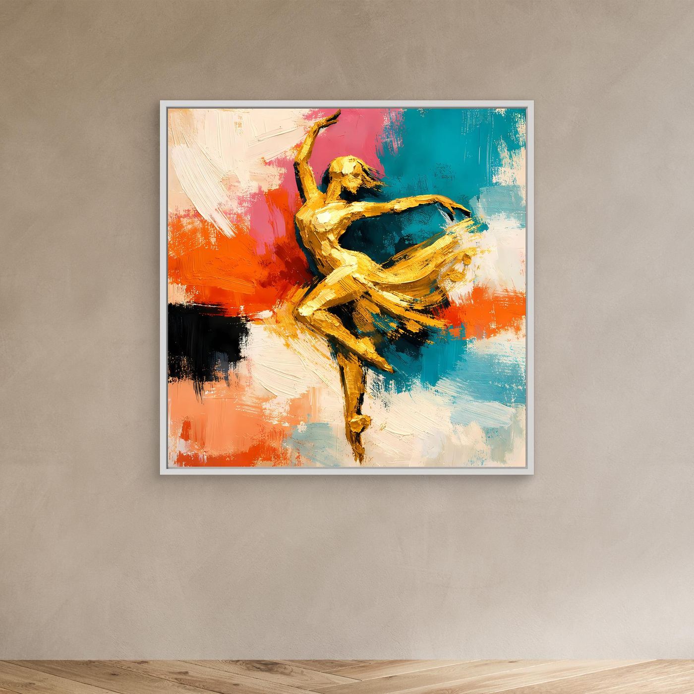 Leinwand Elegante Goldene Tänzerin im Flug | Abstraktes Ballett & Modern Art Wandbild