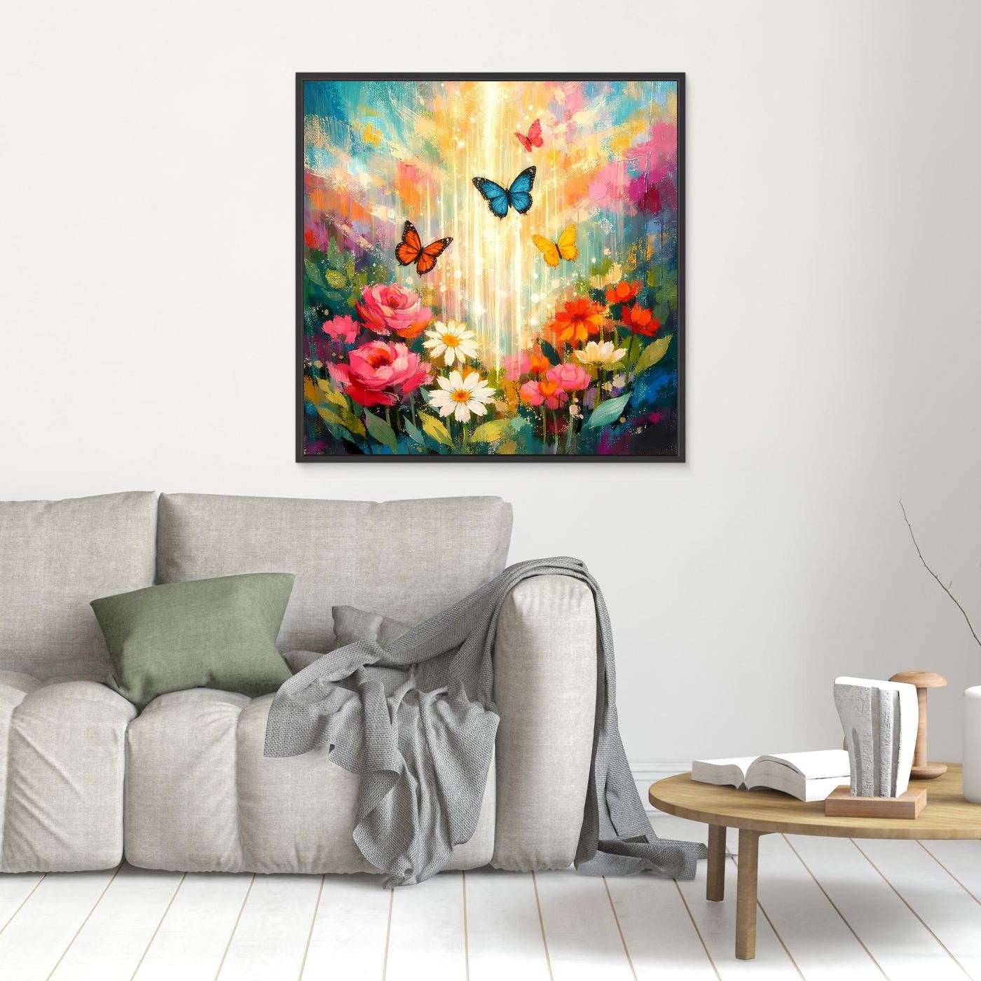Wandbild auf Leinwand: bunte Blumen und Schmetterlinge, schwarzer Rahmen