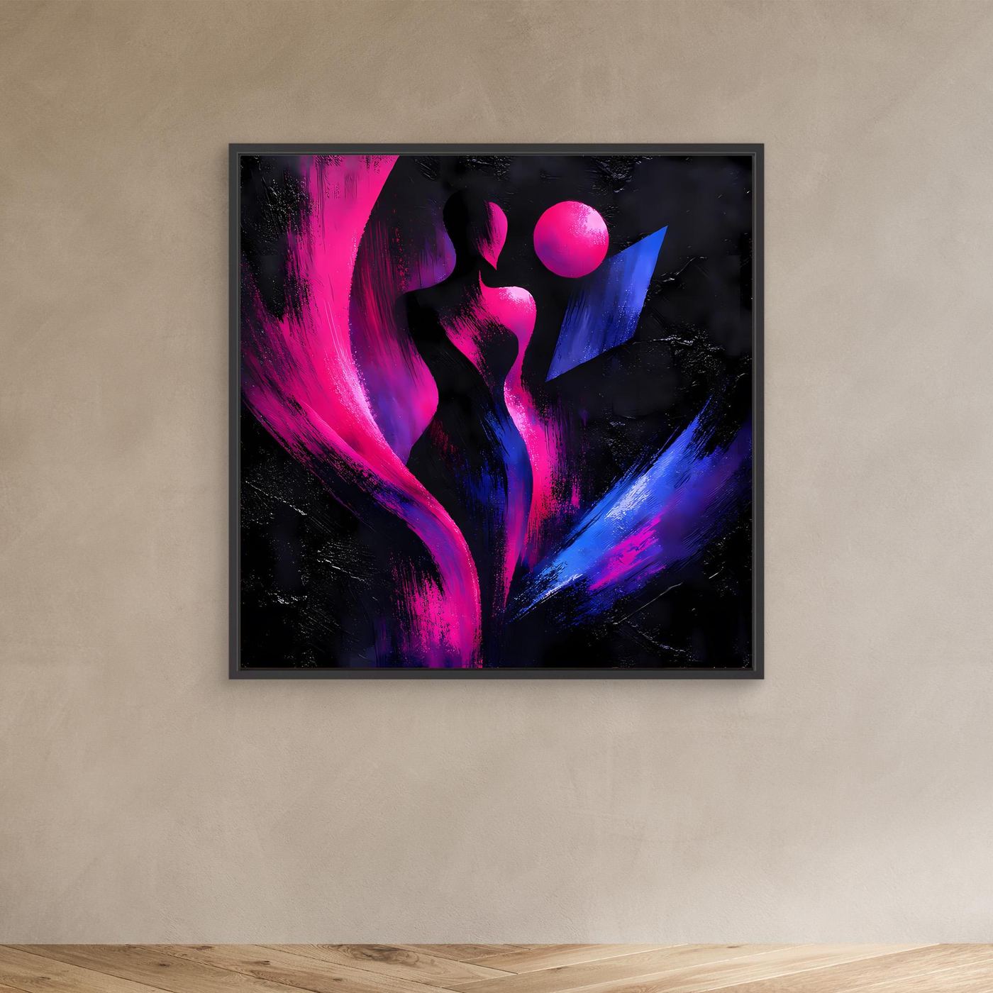 Leinwandbild mit abstrakter Silhouette, Neonpink und Blau, schwarzer Rahmen