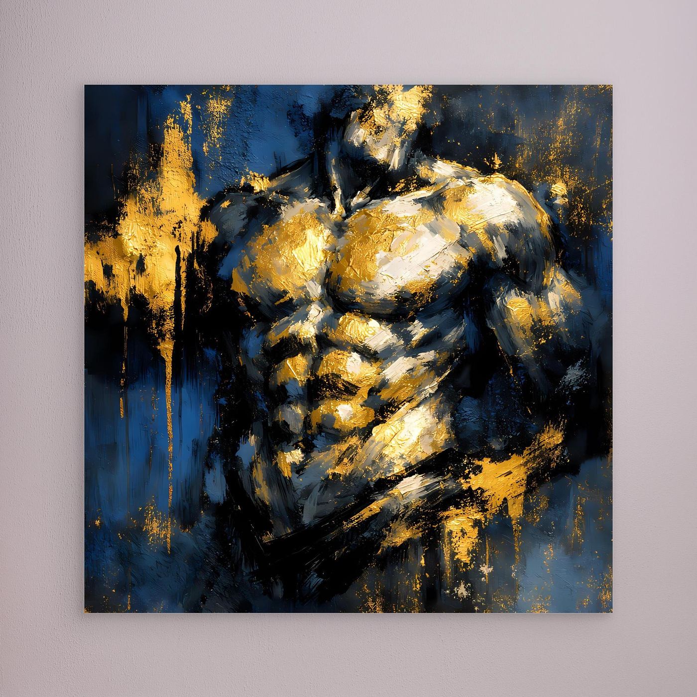 Leinwand Kraftvoller Männlicher Torso in Gold und Blau | Abstraktes Bodybuilding Wandbild