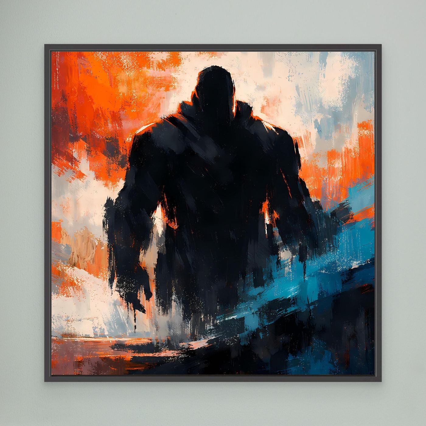 Gerahmtes Leinwandbild mit dunkler Silhouette, orange-blau abstrakt, schwarzer Rahmen