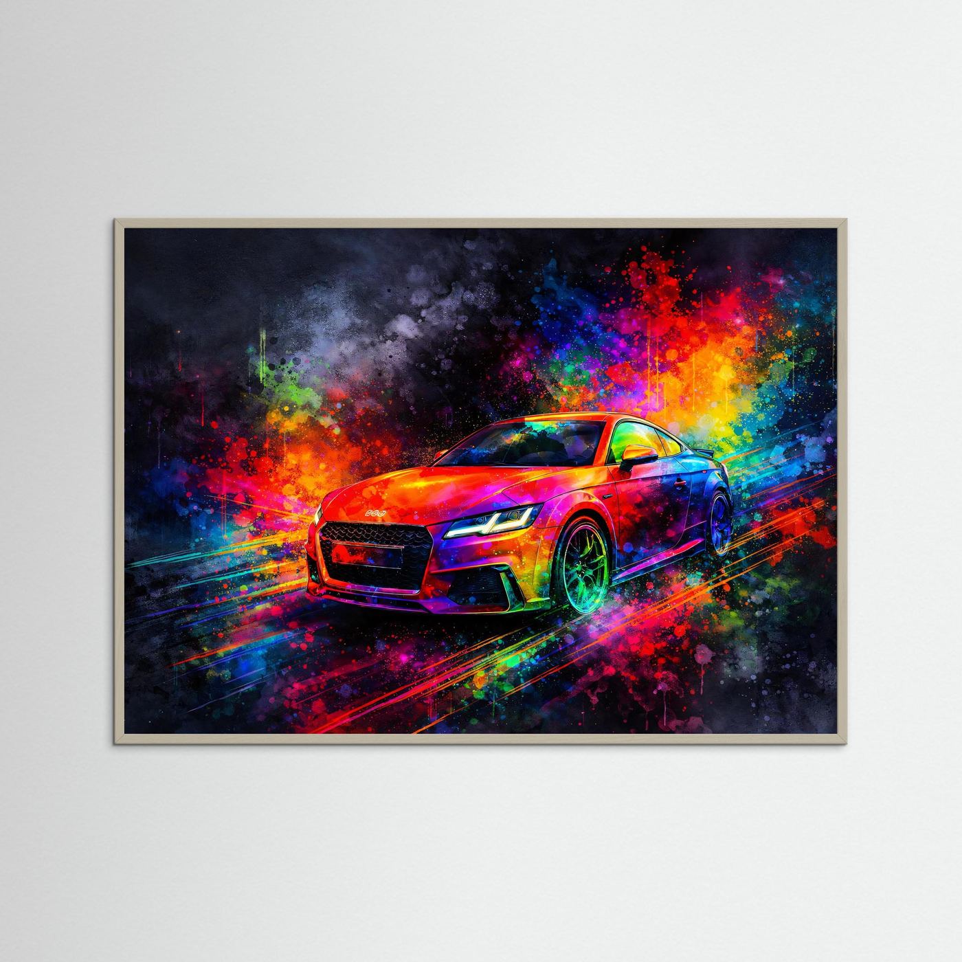Explosiver Modern Sportwagen | Buntes Neon Auto Wandbild & Kunst Poster Querformat
