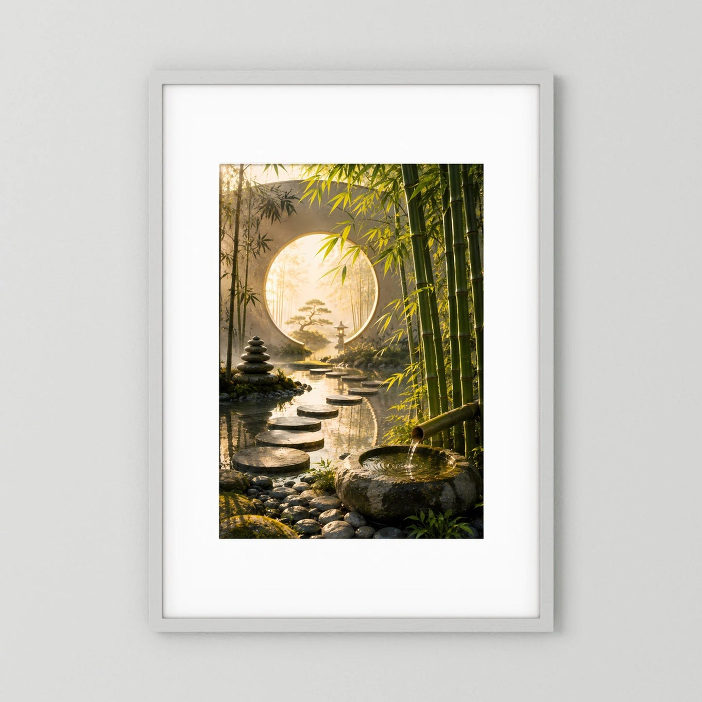 Hochformat-Poster mit Zen-Gartenmotiv: Bambus, Trittsteine und rundes Mondtor