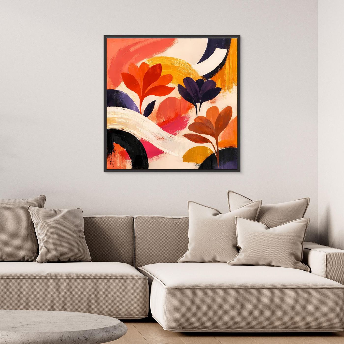 Quadratisches Leinwandbild mit abstrakten Blumen, warme Farben und dunkle Blautöne.