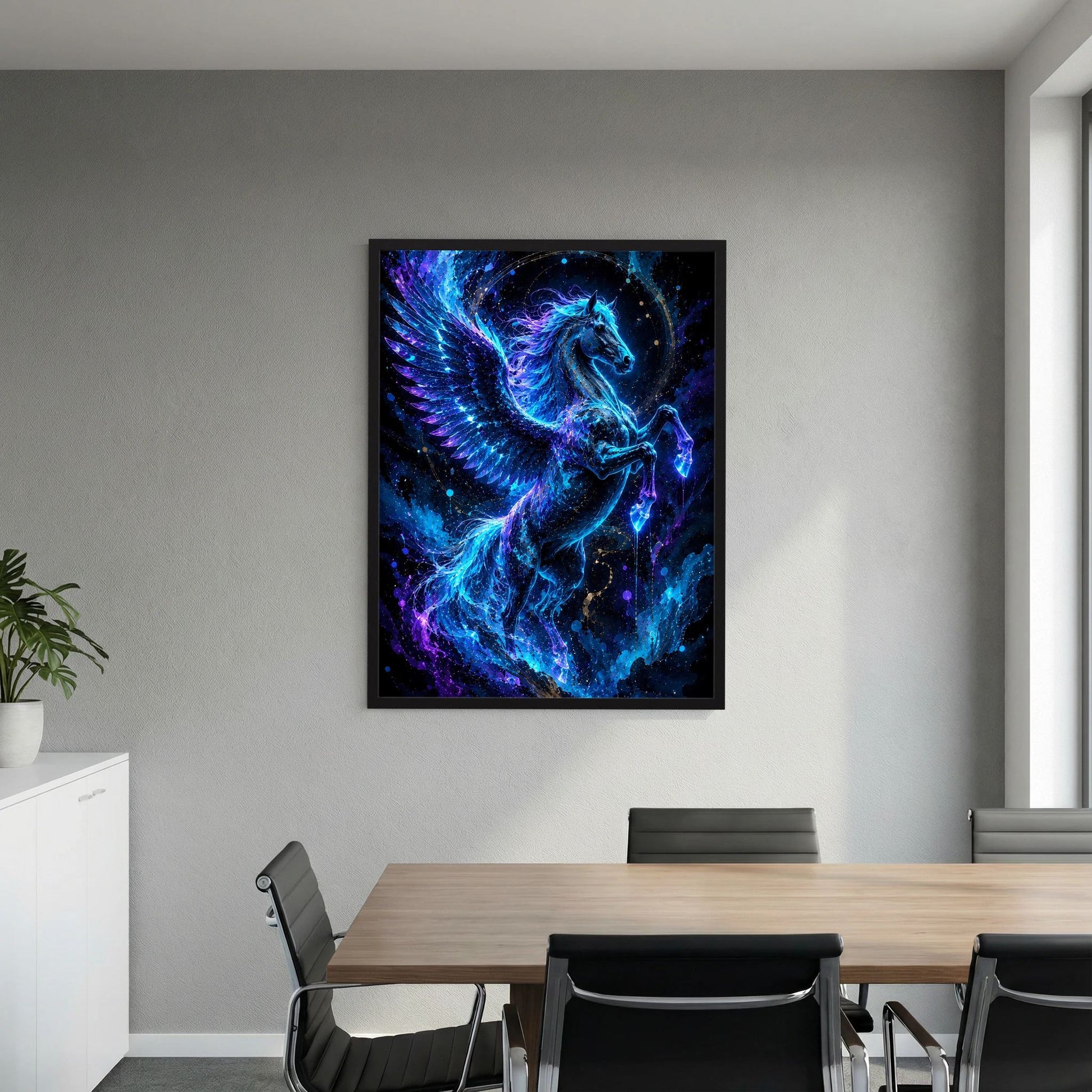 Gerahmtes Poster mit geflügeltem Pegasus im Neonblau, strahlendes Gesicht und Flügel