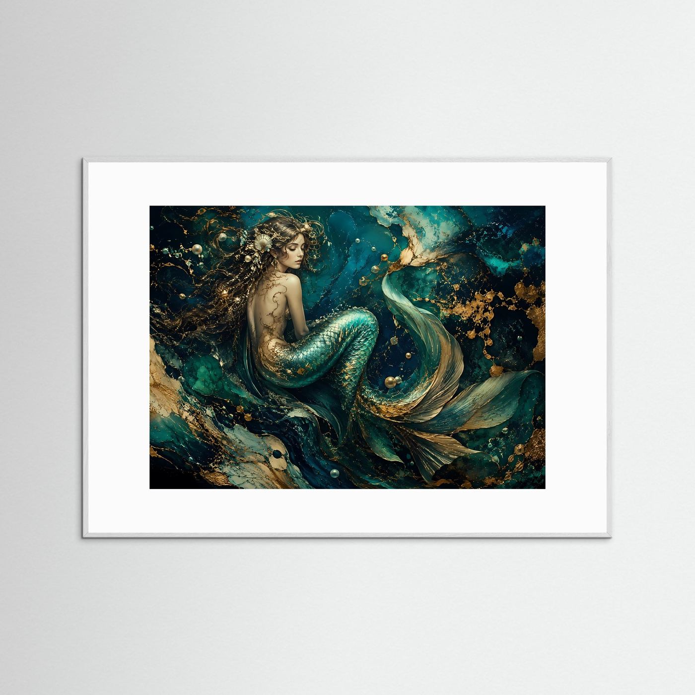 Mystische Meerjungfrau in Türkis & Gold | Luxuriöse Unterwasser Fantasy Kunst – Poster Querformat