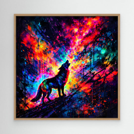 Leinwandbild: heulender Wolf als Silhouette, buntes abstraktes Farbenmeer, Holzrahmen Eiche