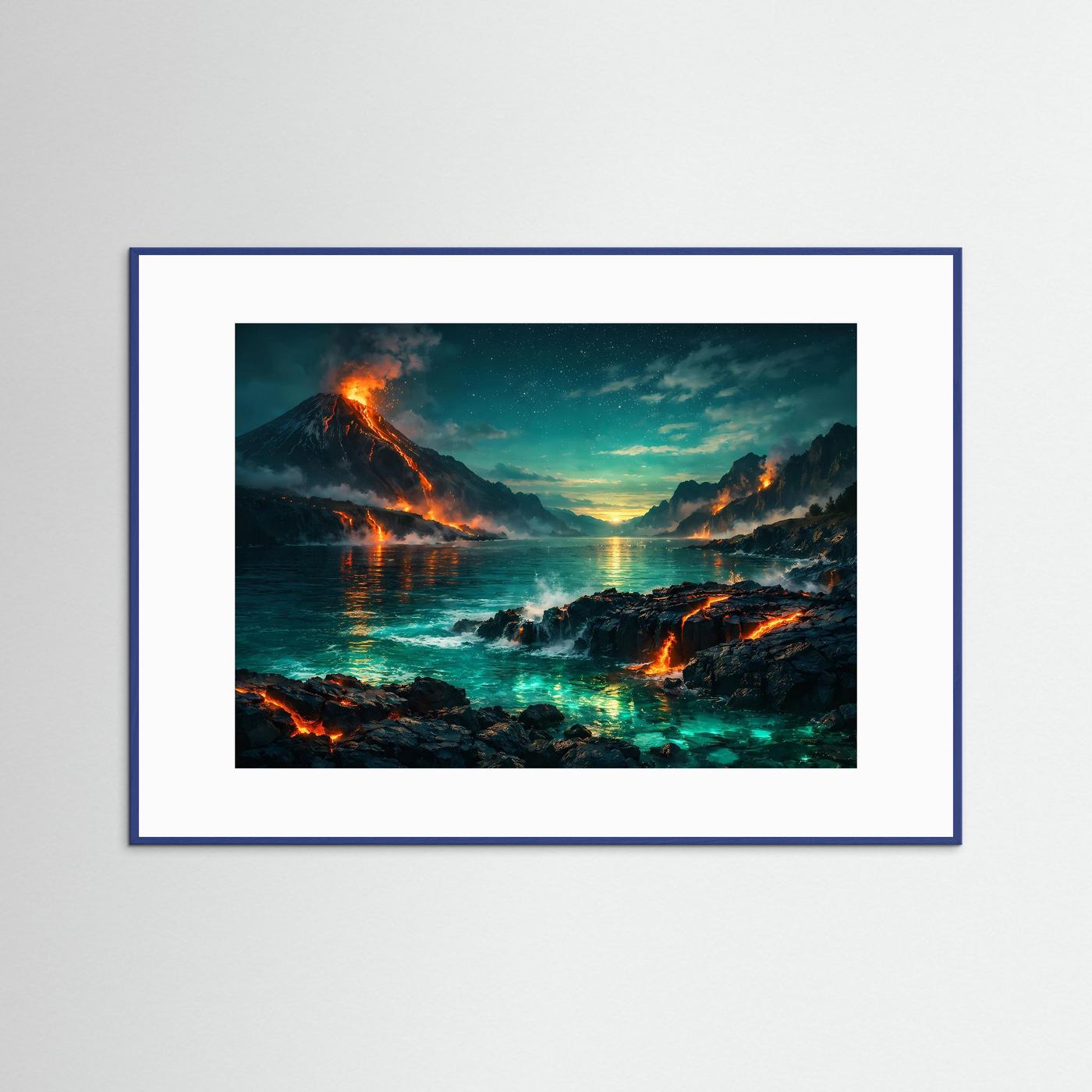 Gerahmtes Wandbild Vulkanlandschaft am Meer mit glühender Lava und Feuerschein, blauer Rahmen