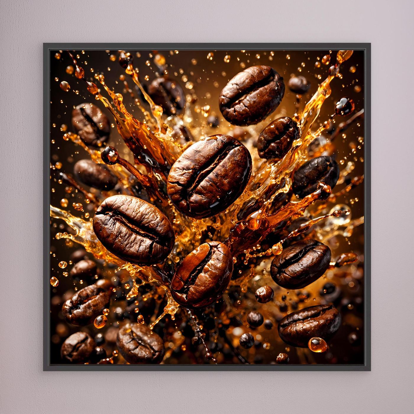 Leinwandbild mit Kaffeebohnen-Splash, braune geröstete Bohnen im Spritz-Design, schwarzer Rahmen