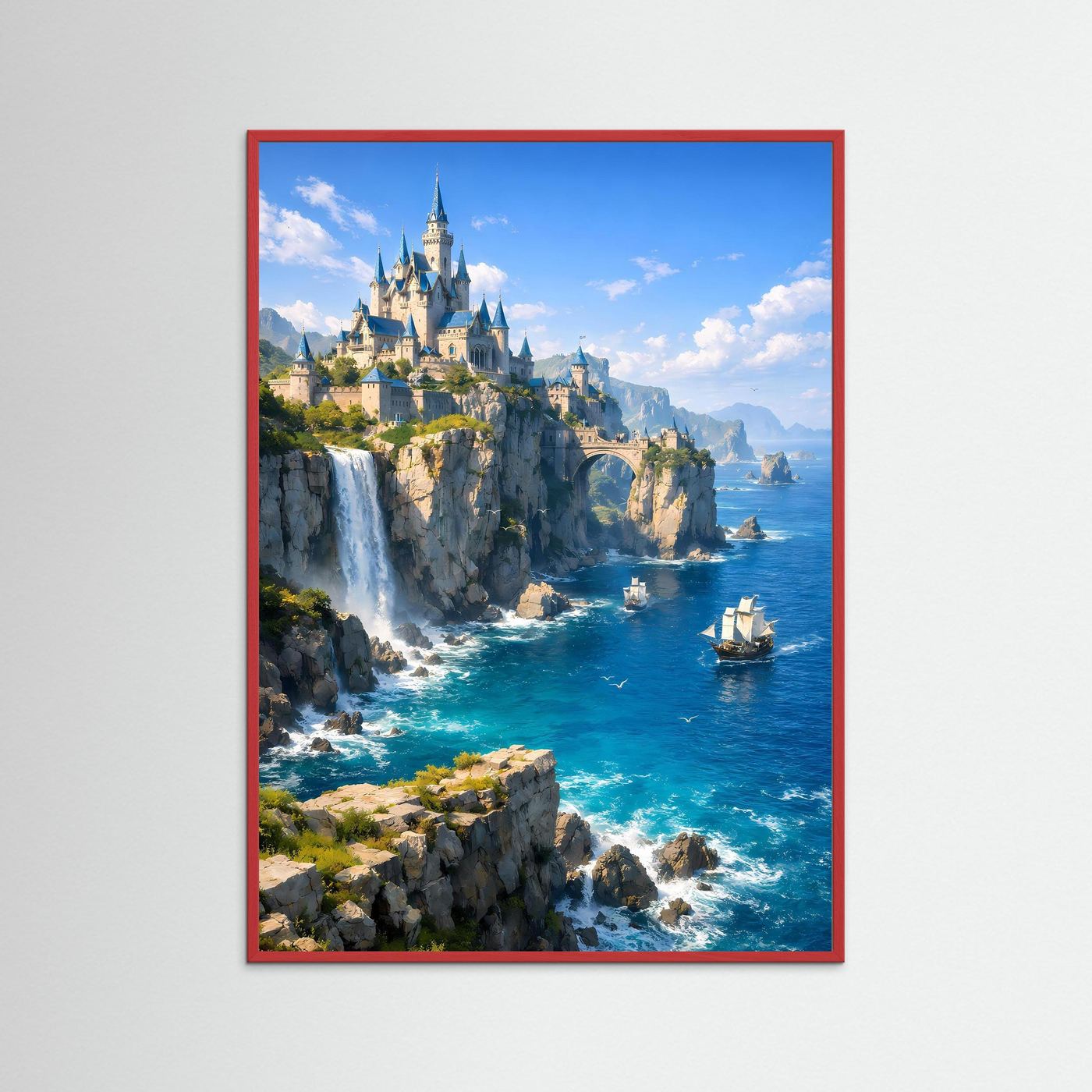 Wandposter mit Küstenschloss am Meer, roter Rahmen
