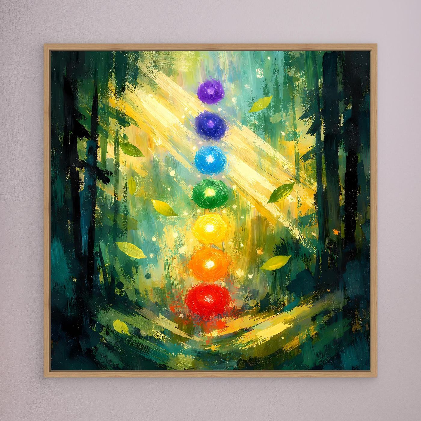 Leinwand-Wandbild mit farbigen Chakren im Wald, goldbraun gerahmt