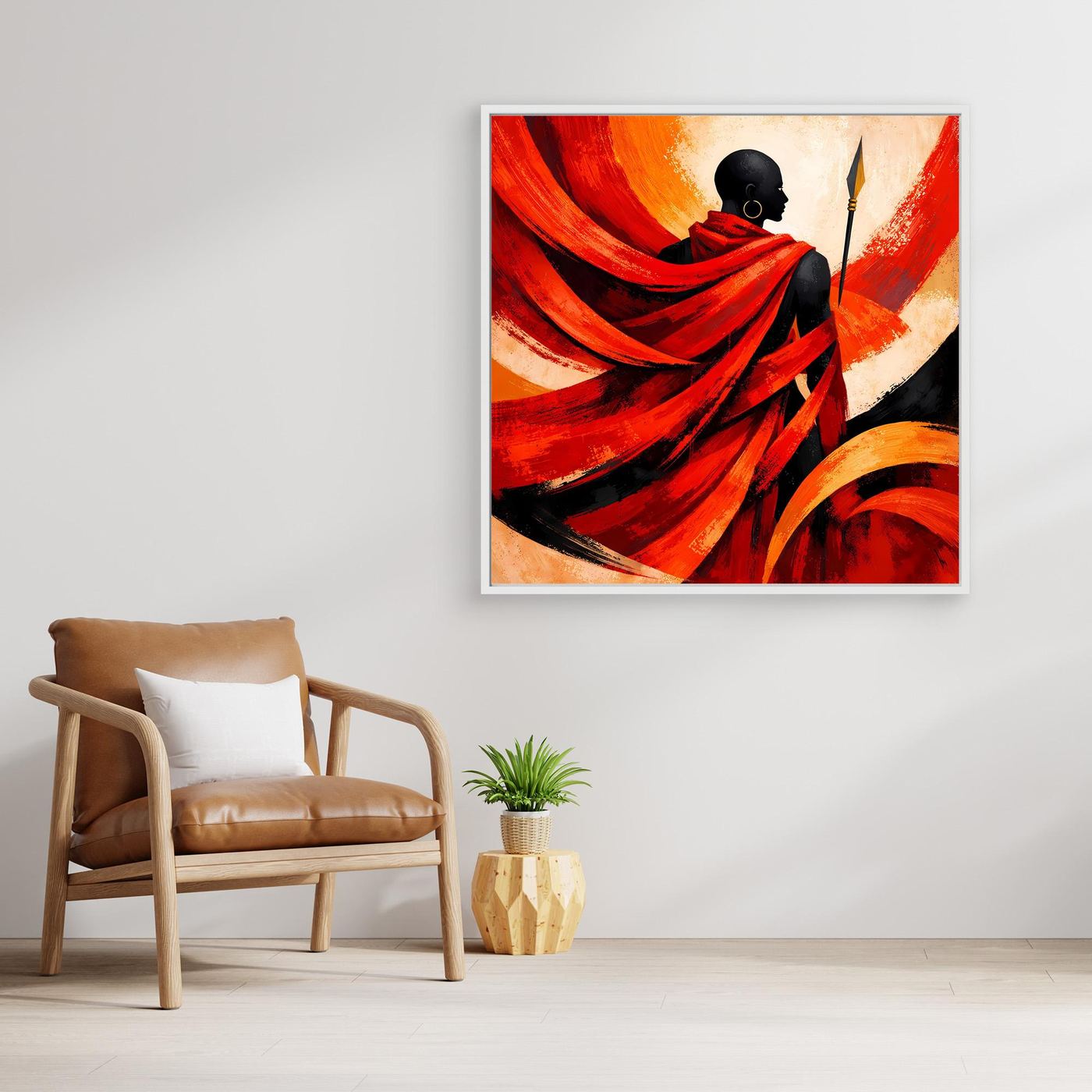 Leinwand-Wandbild der Kriegerfigur mit Speer, rotes Gewand mit orangefarbenen Lichtflächen