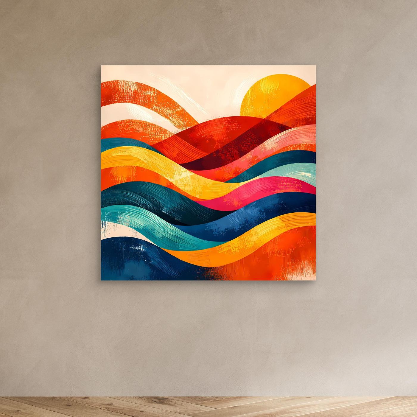 Abstraktes Wandbild mit bunten Wellen und Sonnenmotiv, ungerahmt