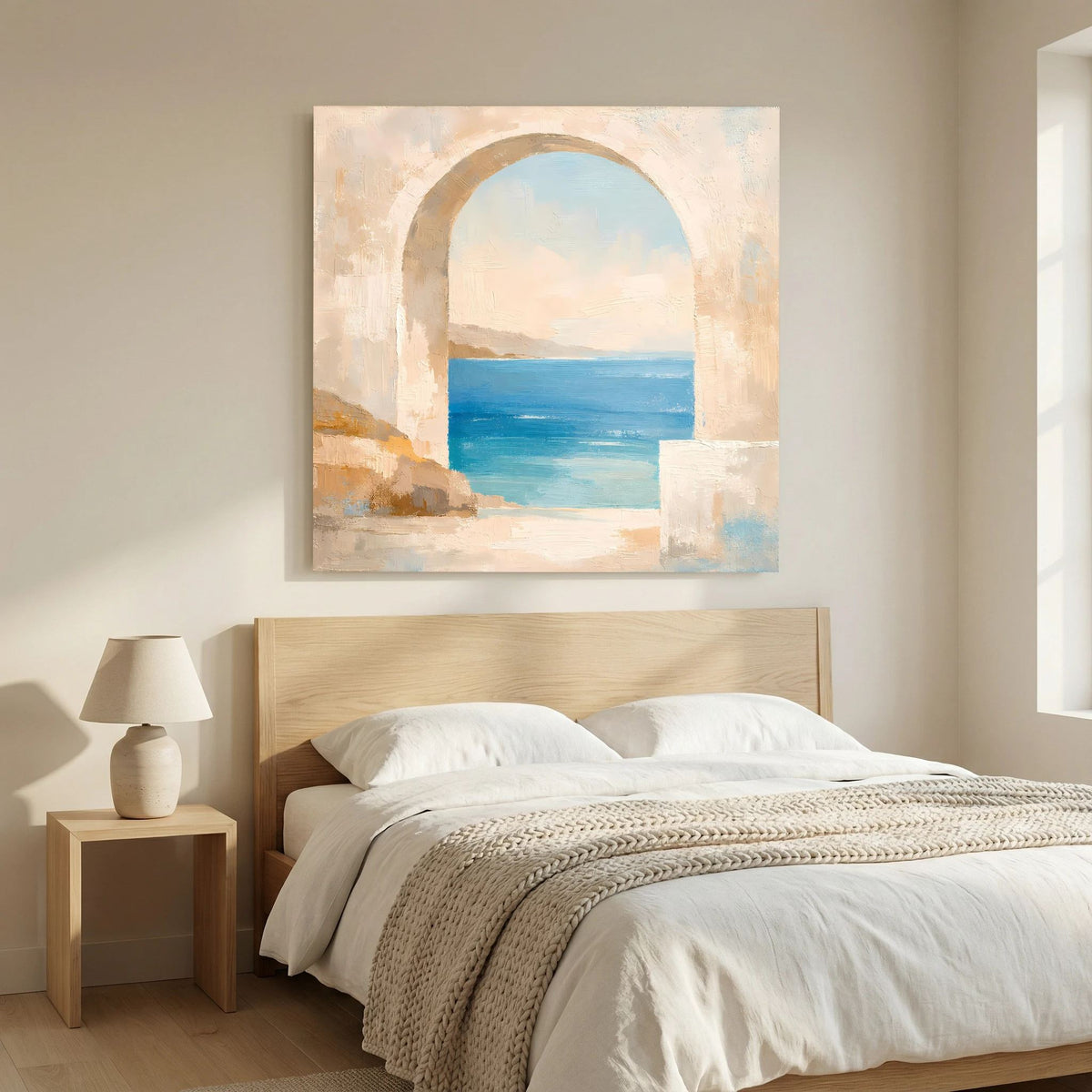 Quadratisches Leinwandbild mit Rundbogen über dem Meer, Pastellfarben in Blau, Beige und Hellbraun