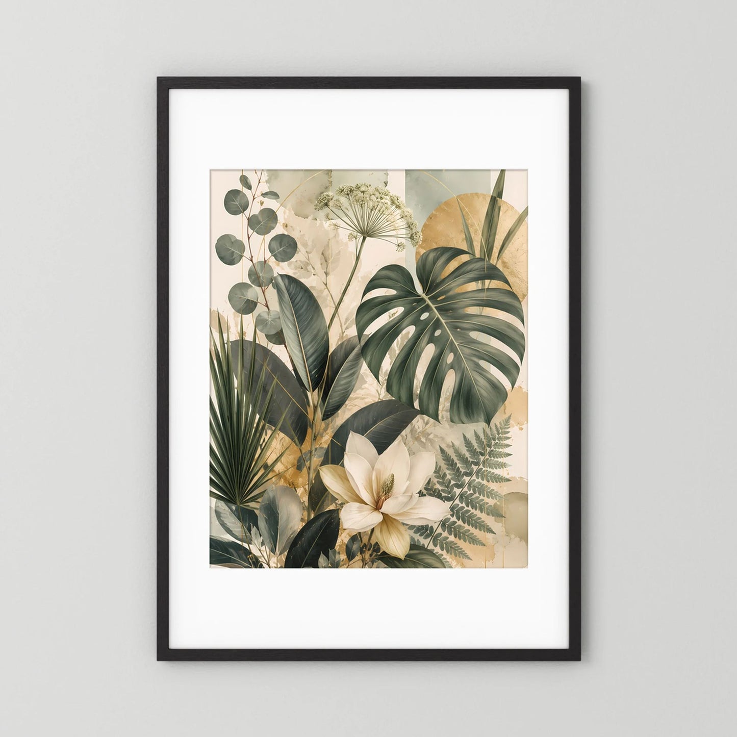 Hochformatiges Poster mit grünen Blättern und Magnolienblüte, schwarzer Rahmen